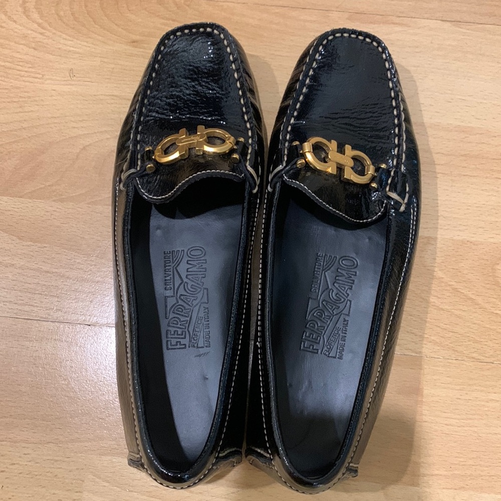 Ferragamo driving loafers, patent black, size 5, authentic